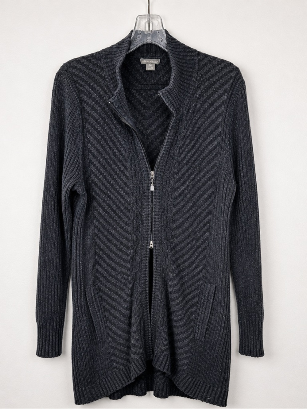 Eddie Bauer Charcoal Gray Chevron Knit Dual Zip Cardigan Sweater Duster XL